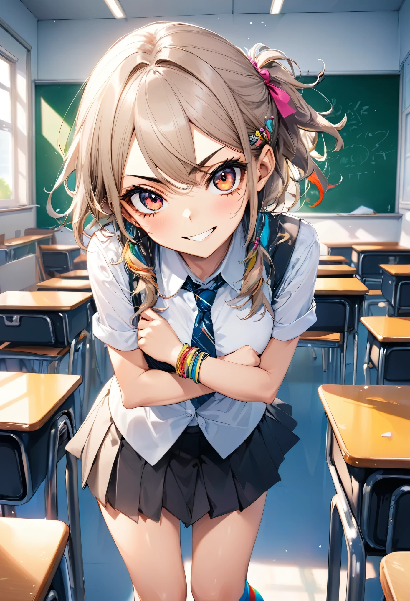 A mischievous girl with a sly grin, standing in a school classroom. She has sharp, narrow eyes giving a teasing look, and her eyebrows are raised in a playful manner. She wears a  with a playful twist: a colorful tie, funky socks, and a few quirky accessories like bracelets and hair clips. Her arms are crossed, and she’s leaning slightly forward, one leg slightly ahead of the other, as if she’s about to make a witty remark. The classroom background includes desks, a blackboard with some doodles, and a few scattered papers on the floor.,(masterpiece:1.3),(highest quality:1.4),(ultra detailed:1.5),High resolution,extremely detailed,unity 8k wallpaper