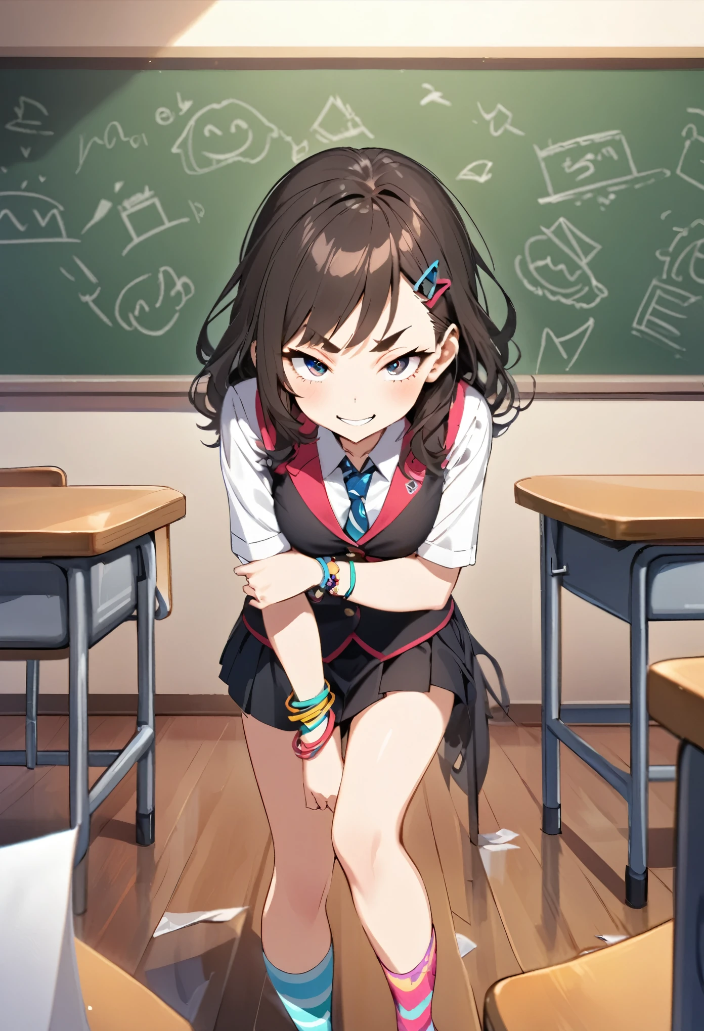 A mischievous girl with a sly grin, standing in a school classroom. She has sharp, narrow eyes giving a teasing look, and her eyebrows are raised in a playful manner. She wears a  with a playful twist: a colorful tie, funky socks, and a few quirky accessories like bracelets and hair clips. Her arms are crossed, and she’s leaning slightly forward, one leg slightly ahead of the other, as if she’s about to make a witty remark. The classroom background includes desks, a blackboard with some doodles, and a few scattered papers on the floor.