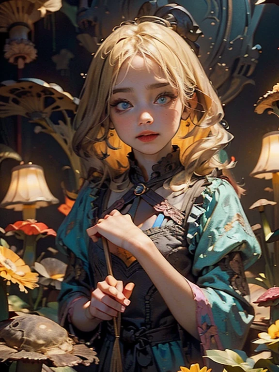 a beautiful young blonde girl, delicate facial features, bright blue eyes, lush full lips, long eyelashes, intricate detailed fantasy dress, surrounded by colorful whimsical flowers and mushrooms, alice in wonderland style, soft glowing lighting, pastel colors, highly detailed, cinematic composition, photorealistic, 8k, masterpiece