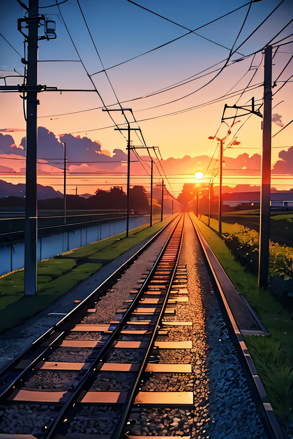 Railway tracks with railway electric poles, sunset with little clouds, lake on the right, makoto shinkai drawing based sky, pixiv , lofi based theme like drawing