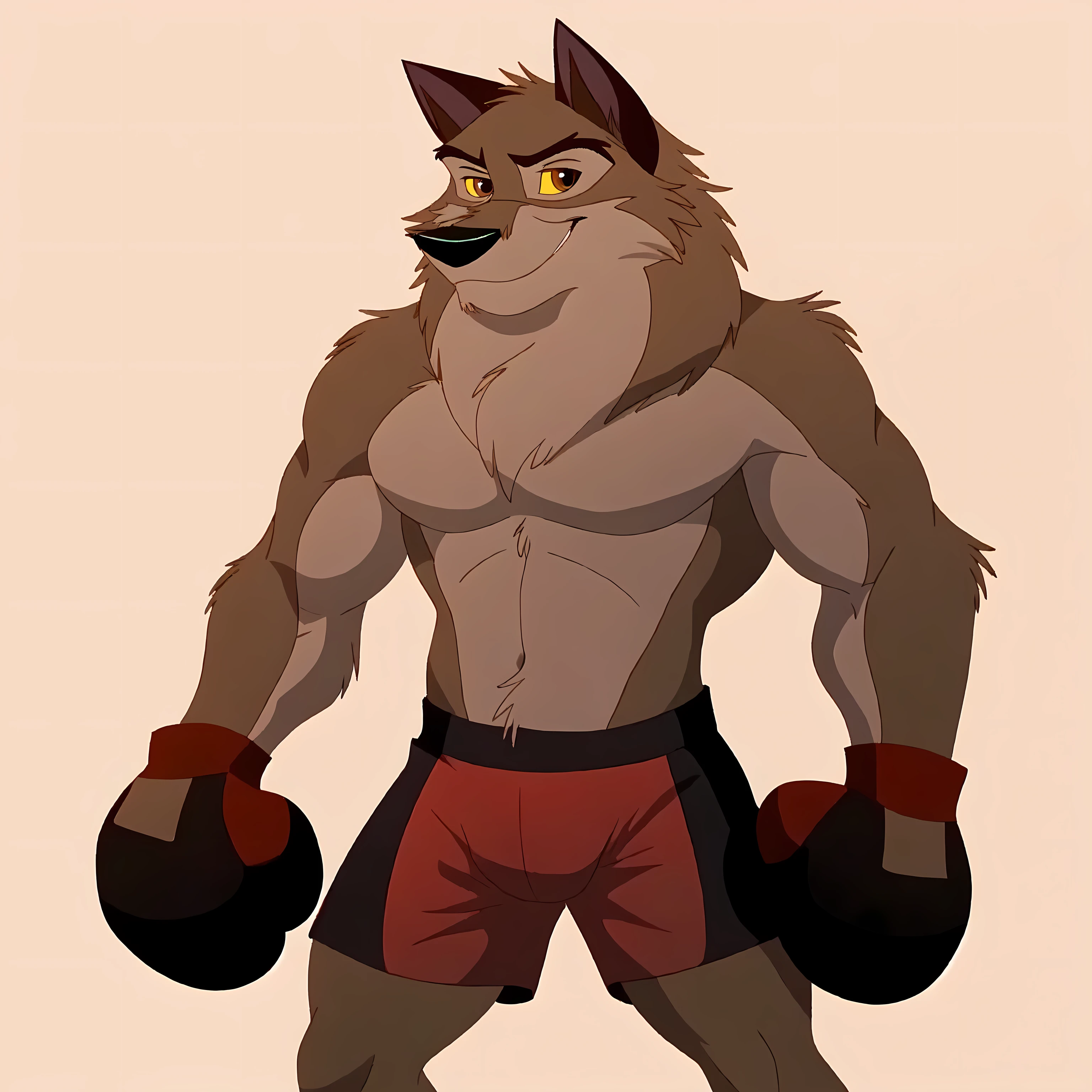 balto, detailed, detailed face, detailed eyes, anthro body, black lineart, black outline, male, masculine, muscular body, pectorals, adult, wolf, wolf body, brown iris, yellow sclera, cartoon shading, cel shaded:1.0, confident, proud, smile, white background, front view:1.1, balto feet, boxing shorts, full body:1.2, wolf tail, wearing boxing gloves, detailed boxing gloves