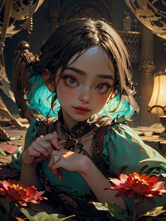 high quality, detailed, masterpiece, 1girl, alice in wonderland, beautiful detailed eyes, beautiful detailed lips, extremely detailed face, long eyelashes, fantasy, whimsical, surreal, dreamlike, magical realism, soft lighting, pastel colors, vibrant colors, cinematic, photorealistic, 8k, hyperdetailed, intricate, ornate, ornamental, flowing dress, curious expression, looking sideways, ornate background, floating elements, mushrooms, flowers, butterflies, tea party, vintage, storybook, fairytale, ethereal, glowing