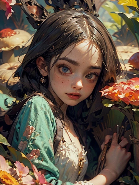 high quality, detailed, masterpiece, 1girl, alice in wonderland, beautiful detailed eyes, beautiful detailed lips, extremely detailed face, long eyelashes, fantasy, whimsical, surreal, dreamlike, magical realism, soft lighting, pastel colors, vibrant colors, cinematic, photorealistic, 8k, hyperdetailed, intricate, ornate, ornamental, flowing dress, curious expression, looking sideways, ornate background, floating elements, mushrooms, flowers, butterflies, tea party, vintage, storybook, fairytale, ethereal, glowing