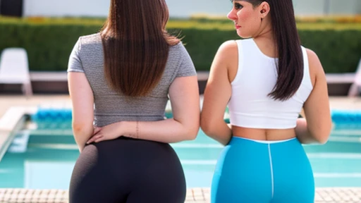 fat ssbbw curvy bottom heavy pear shaped wide hiped british women, 30 brunette, they are standing together near the pool, they are wearing tight low waisted leggings, and short sleeved button up hawaiian shirts, view from behind