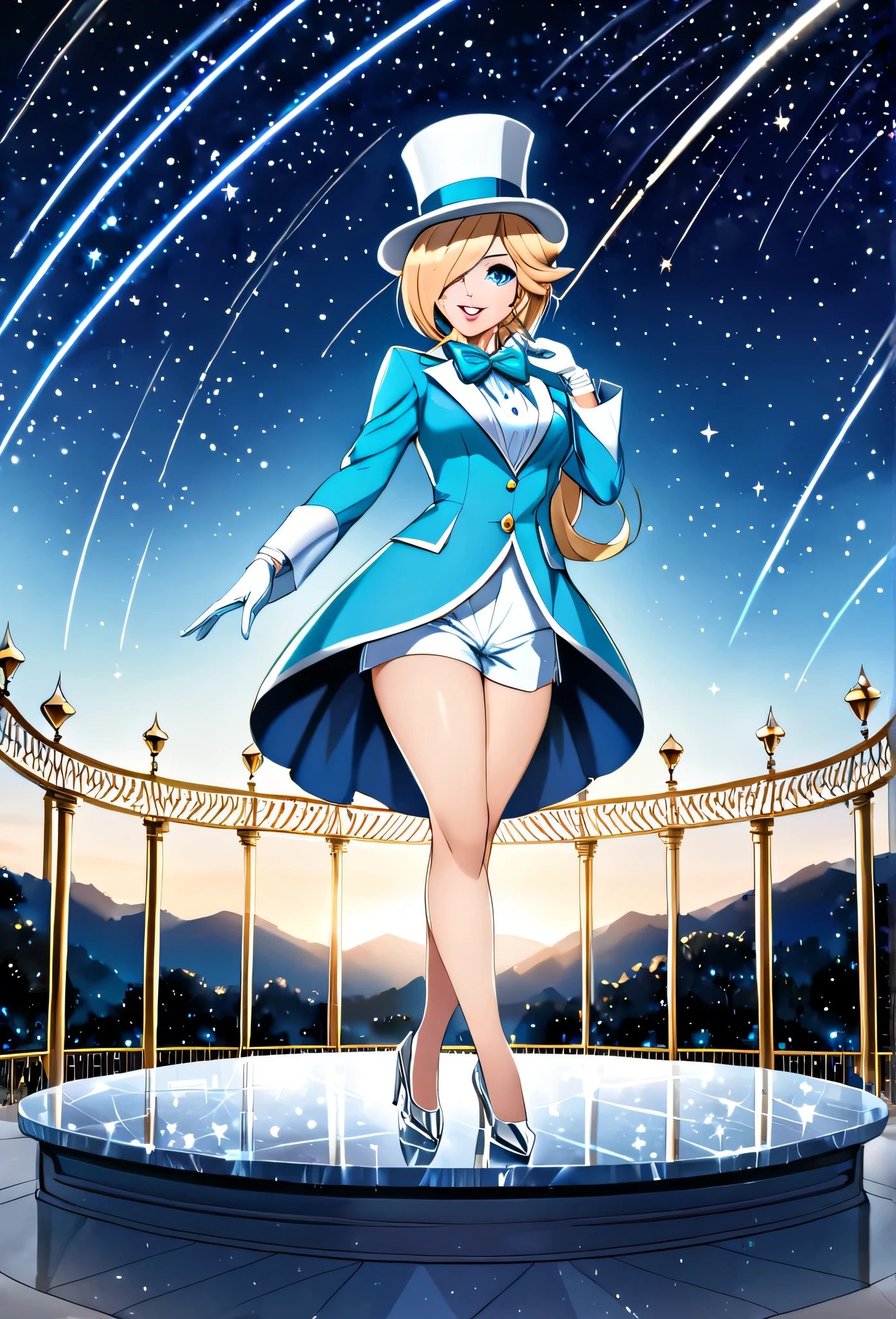 (masterpiece, Best quality, high resolution, hdr), 1girl, solo, lips, rosalina, ((oversized sky blue top hat and suit and short pants with white trim)), (sky blue high heels), (large silver bowtie), white gloves, (magician), (playful sigh, coy), starry background, posing on a crystal platform with a marble gazebo in the center, shooting stars in sky, (glamorous pose, broadway vibes), adult appearance, dapper pose, (standing up), (hands over heart, eyes closed), (detailed outfit, detailed eyes, detailed hair, detailed hat), medium breasts