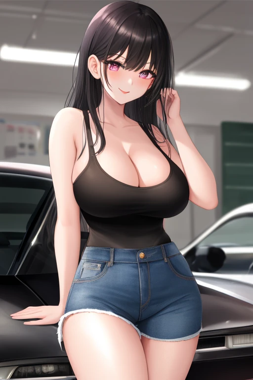 (best quality:1.3), (4K quality), (Detailed face:1.2), (Detailed eyes:1.2), 1girl, solo, Taiwanese woman, long black hair, With bangs,1 female in, 28 yo, Beautiful face, mascara, pink eyeshadow, glossy lips, red lipstick, closed mouth, smirk, big breasts, deep cleavage, pale skin, Black tight tank top, Tight Denim booty shorts, black high-heel shoes, standing. (Background: Indoors, car repair shop). The woman is an automobile repair mechanic. She's looking at the camera with a flirtatious smile.
