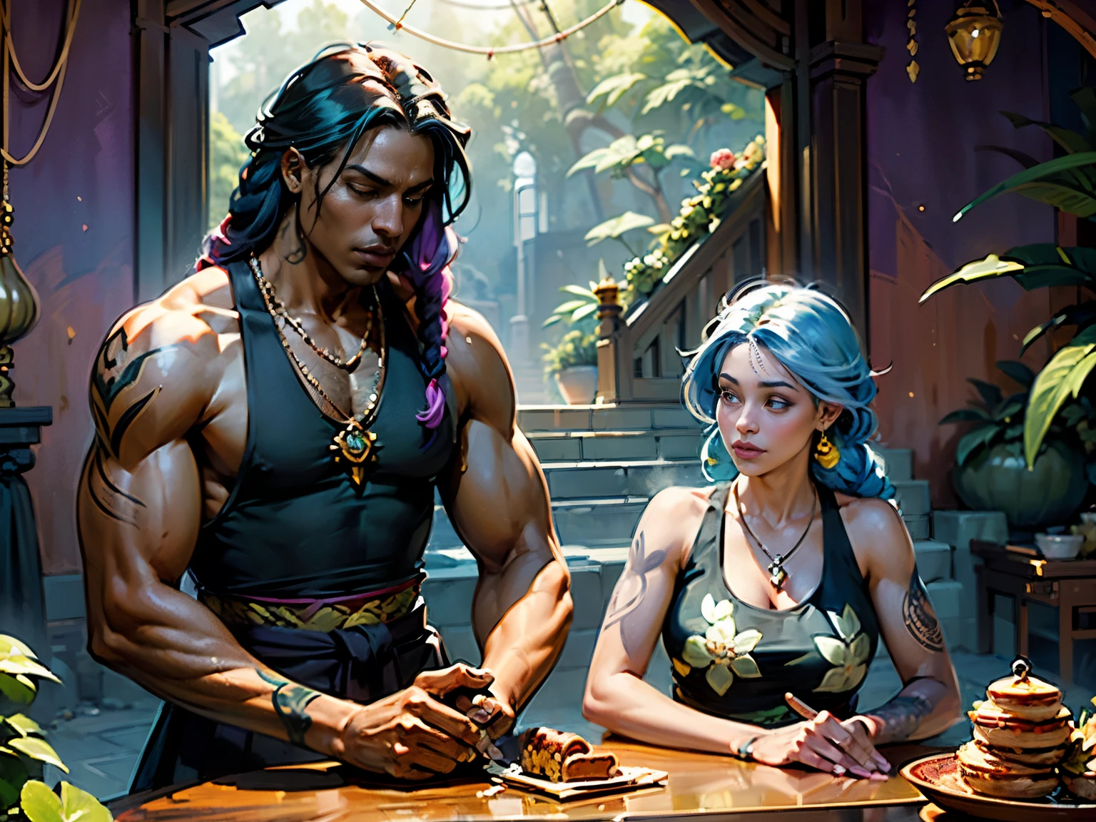 (masterpiece), best quality, expressive eyes, perfect face, perfect hands, high quality, wide angle shot, figures far from camera, asymmetric positionings,
(Exterior: Buddhist cannabis indica temple garden with roses in bloom with overgrown cannabis indica shrubs), the scene depicting two lovers (one man and one woman) sharing a peaceful morning meal together,
((left of frame: 1girl dark-skinned Haitian woman, Curvy lithe figure, messy violet dreadlocks hairstyle, multicolored hair between eyes, glowing halo, cannabis leaf hair ornament, wearing flowing colorful sundress, sitting comfortably while rolling herbal joint peacefully)) next to
((right of center: 1boy, tan Caribbean man, athletic muscular build, flowing braided blue hair, two-tone color hair, prayer bead necklace, wearing tight dark tank top, wearing colorful detailed hakama, floral tattooed arms and body, sitting next to girl cutting into pancake and sausage breakfast)),