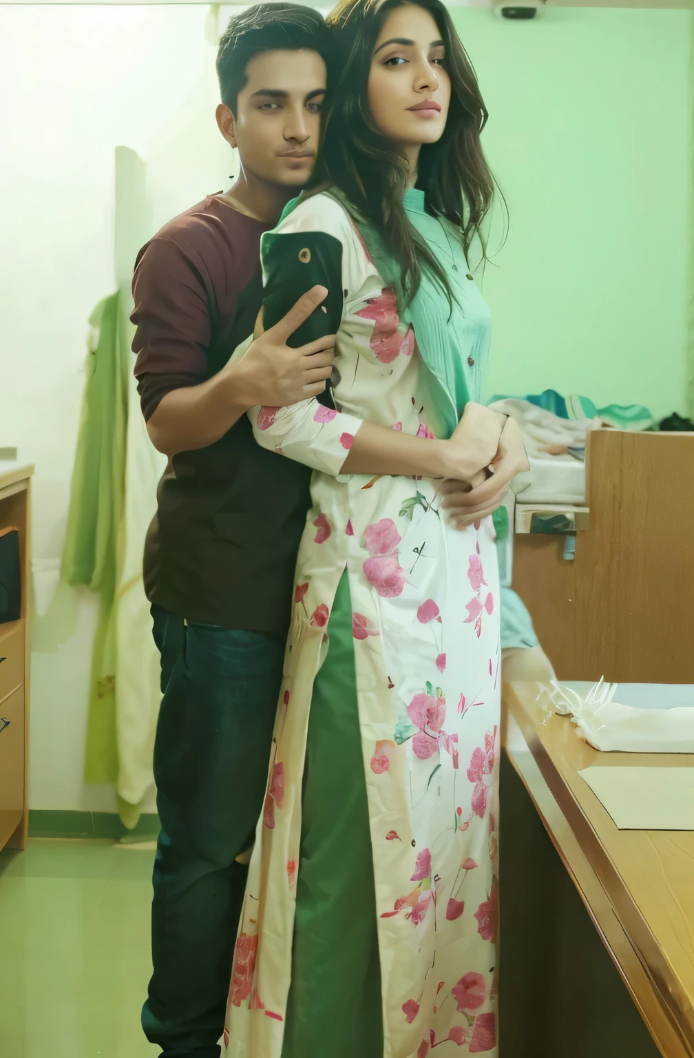 A couple standing and hugging from backside. Boy wearing jeans and shurt. and the girl wearing long kurta and pajama.