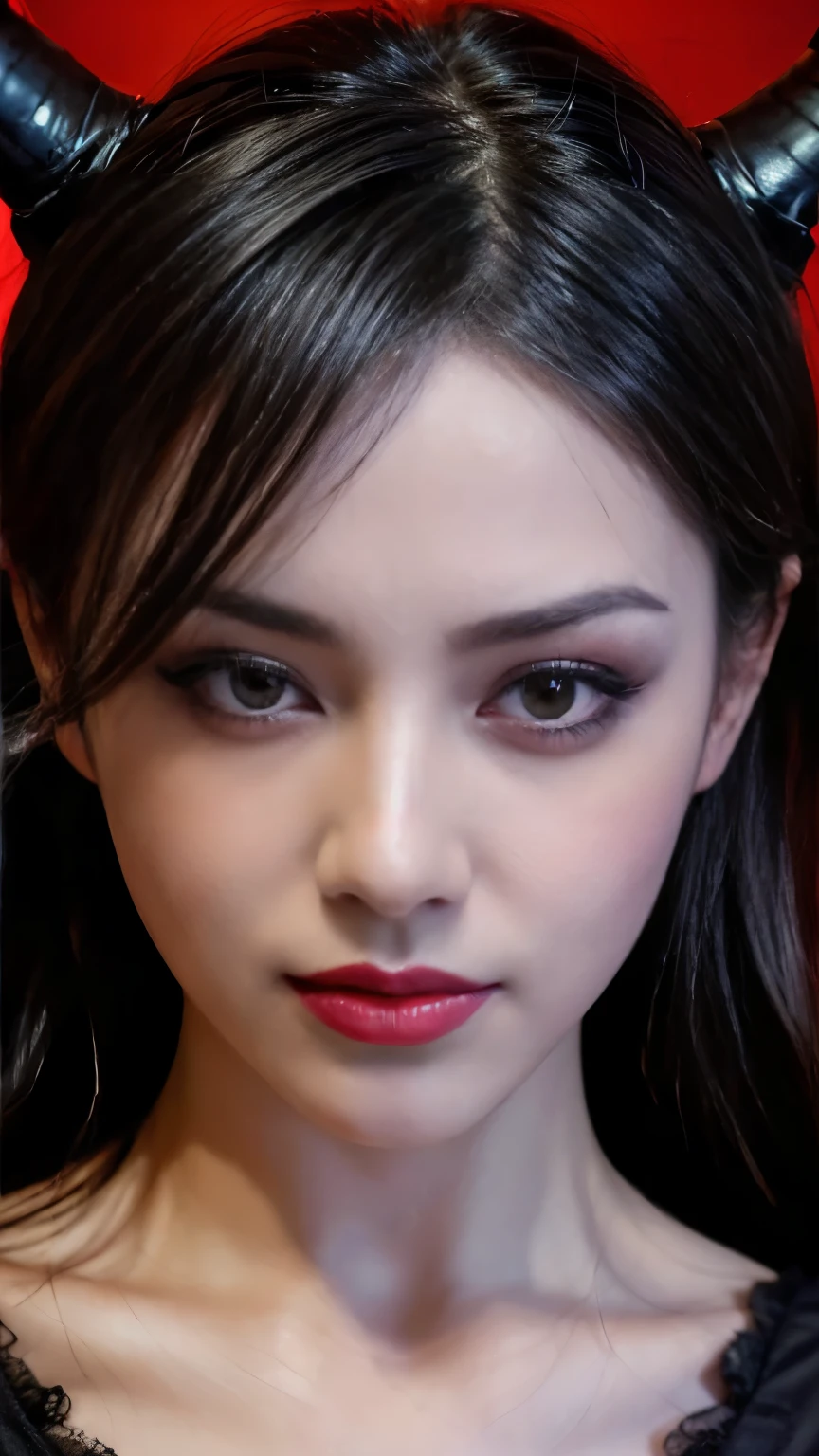 (highest quality,4K,8k,High resolution,masterpiece:1.2),Super detailed,(Realistic,photoRealistic,photo-Realistic:1.37), Close-up of a woman with dark hair and a black dress, Ugly Satan Girl,devil,horn,Red skin,Dark Eyes,sinister smile,Evil Aura,Burning Flames,Devil's Power,Soul Corruption,Dark Shadows,Ominous atmosphere,Devil's Ritual,Strange symbols,Cursed Land,Eternal Darkness,An unforgettable presence,Intimidating person,Grotesque features,Horror Scene,Nightmare born kimono,Twisted reality,Scary atmosphere,Awesome work of art,Evil Unleashed,Devil's Realm,Supernatural horror,Creepy art,Nightmare fuel,Terrifyingly clear,Abstract fear,Terrifyingly beautiful,A devilish masterpiece,Fear incarnate,Shadow Chaos,A devilish existence,born々Shii Darkness,in style of Dark Fantasy Art, Dark fantasy art, A beautiful and elegant demon queen, Dark Fantasy Art, fantasy dark art, Dark fantasy digital art, Gothic fantasy art, Gothic Dark Maiden, Cthulhu,Detailed Texture,Spooky creatures,An ominous atmosphere,Mythical,cosmic Horror,darkness,Mysterious,Dark aesthetic,Fog Background,Eyes of another world,Ancient Gods, Powerful wizard, Stand in the mysterious forest. Flowing robes decorated with symbols, Arms stretched out, Powerful,Tentacles,Pitch black blackness,Majestic,Unfathomable depth,Nightmare,The existence of the universe,an ominous existence,seeping darknesss,Secrets of the Universe,That's horrible,It (Spooky atmosphere), (Cartoon-like atmosphere),(Grainy), (Dramatic Shadows), (Dynamic pose), (An ominous atmosphere), (Artistically expressed), ((Fascinating), (Gothic), (Mysterious Setting), (Moody color palette), (Skillfully drawn), (Feelings of anxiety), (Intricate details), (an ominous smile), (an ominous), (Fascinating eyes), (Horror elements), (Fascinating composition), (Impressive anatomy),(Striking contrast)), (Exquisite craftsmanship), (Interesting character designs)、Dark Fantasy Portrait, Portrait of the Dark Goddess, Ugly Satan Girl,devil,