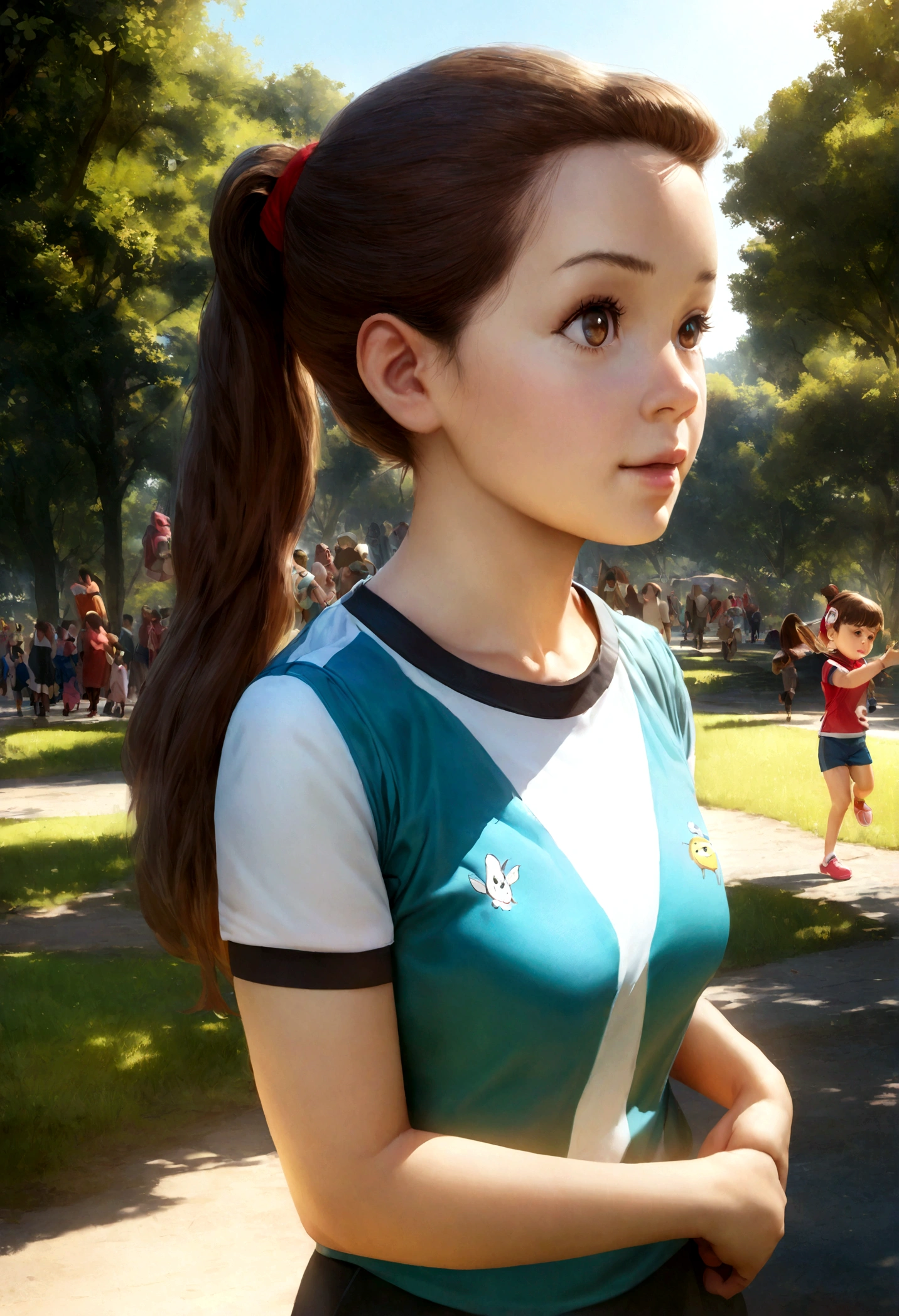 (Pixar style),A -year girlth long brown hair in a ponytail, wearing a children's sports outfit, the setting in a park, with a very fun atmosphere, miniature character model, light source from right to left, realistic proportions, post-processing, ((Orthogonal perspective)), super detailed, realistic, super realistic, photoreal rendering, Travel, disney style.