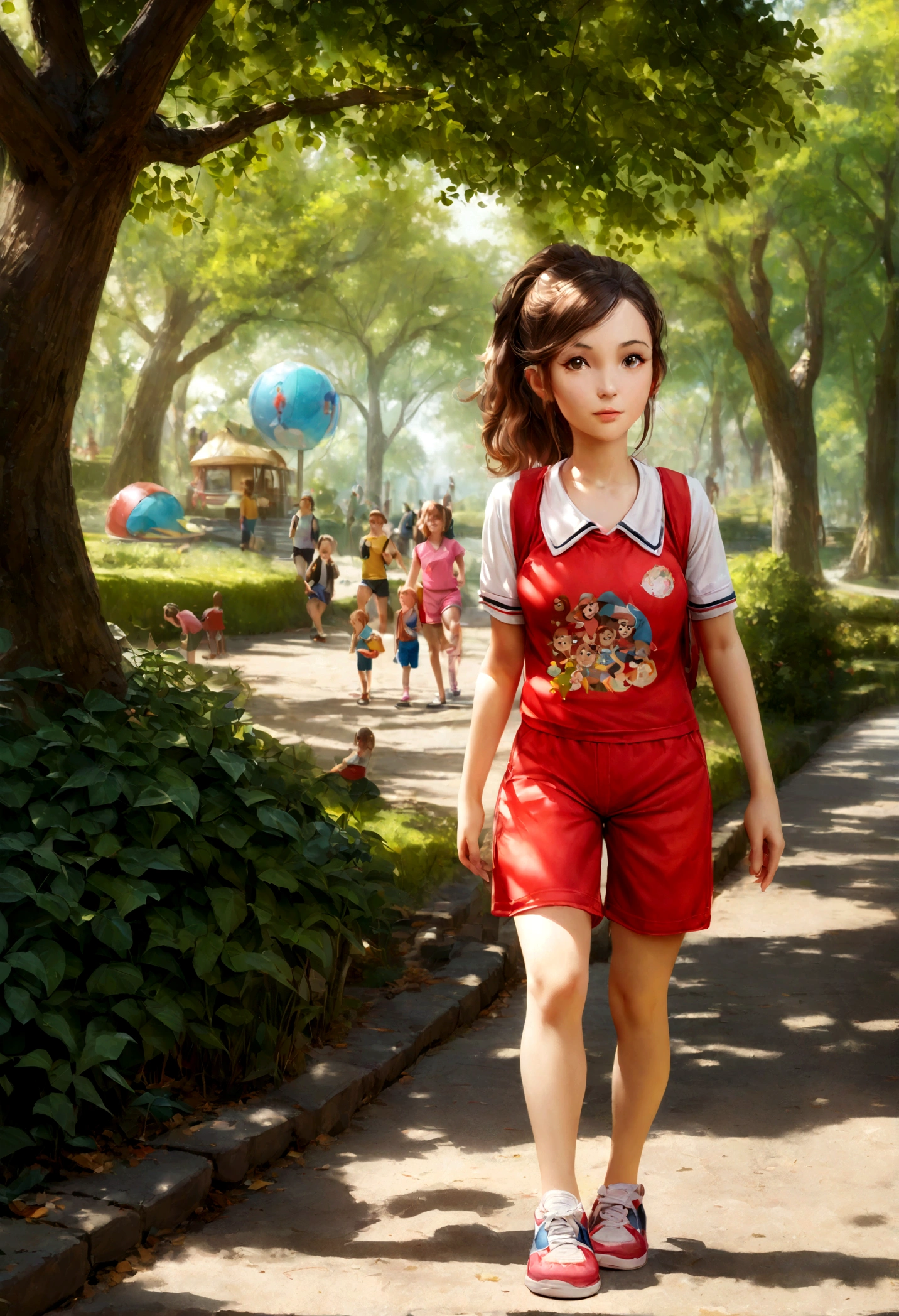 （Pixar style),A five-year-old girl，with long brown hair in a ponytail, wearing a children's sports outfit, the setting in a park, with a very fun atmosphere, miniature character model, light source from right to left, realistic proportions, post-processing, ((Orthogonal perspective)), super detailed, realistic, super realistic, photoreal rendering, Travel, disney style.