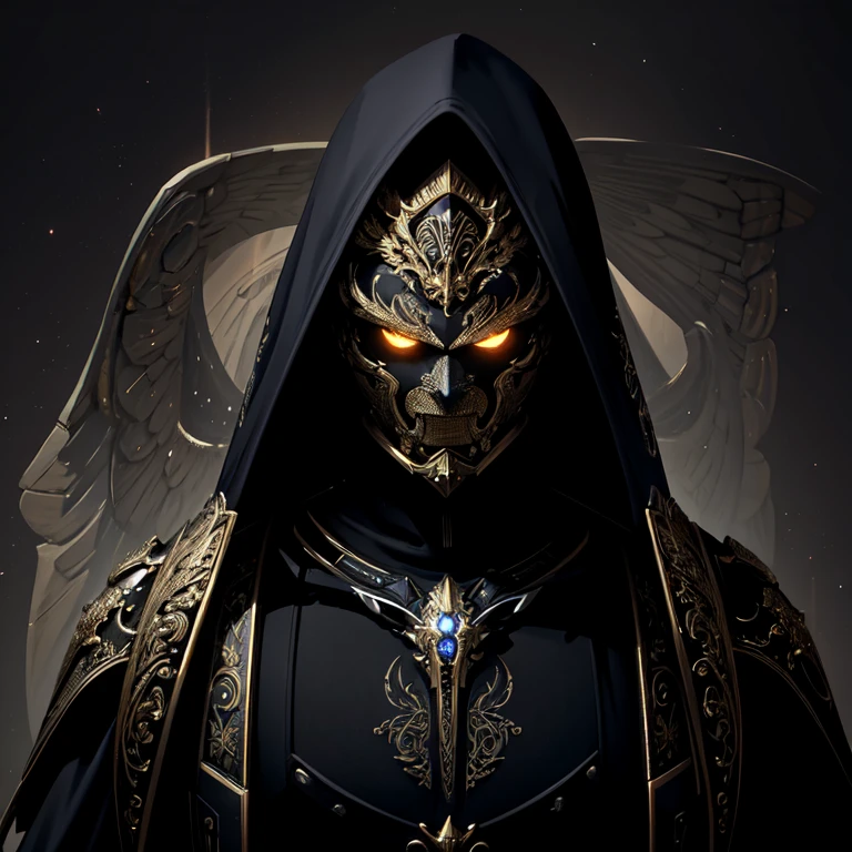 (masterpiece, best quality:1.3),extremely high detailed, intricate, 8k, HDR, wallpaper, cinematic lighting, (universe),gun,(shooting position), glowing, armor, glowing eyes, mecha, large wings,