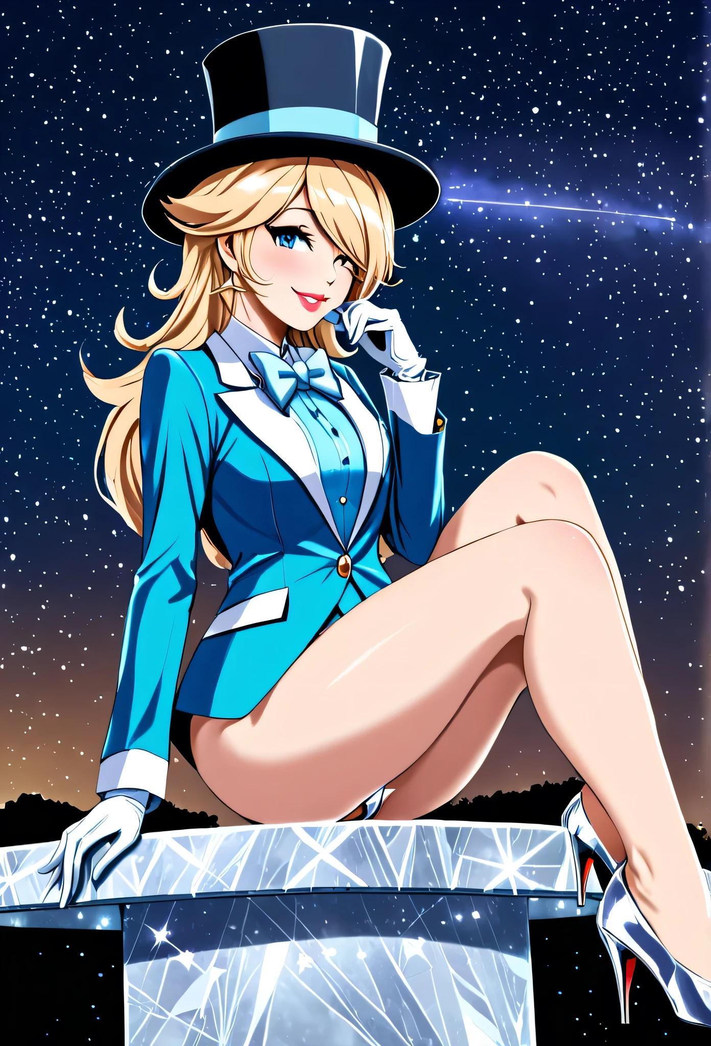 (masterpiece, Best quality, high resolution, hdr), 1girl, solo, lips, rosalina, ((oversized sky blue top hat and suit and short pants with white trim)), (sky blue high heels), (large silver bowtie), white gloves, (magician), (playful sigh, coy), starry background, posing on a crystal platform with a marble gazebo in the center, shooting stars in sky, (glamorous pose, broadway vibes), adult appearance, dapper pose, (standing up), (hands over heart, eyes closed), (detailed outfit, detailed eyes, detailed hair, detailed hat), medium breasts