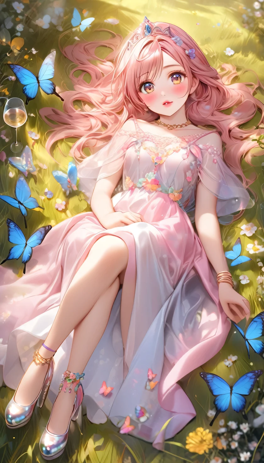 raw photo:1.2, masterpiece:1.2, highest quality, highres, 16k, beautiful detailed, ultra-realistic, photo realistic:1.5, beautiful cute butterfly spirit princess, lying forward in meadow lake, growing golden eyes, shining pupils, blushed cheek, shiny rosy lips, beautiful delicate(hair, face, eyes, pupils, dress, anklet, glass high heels), full-body view