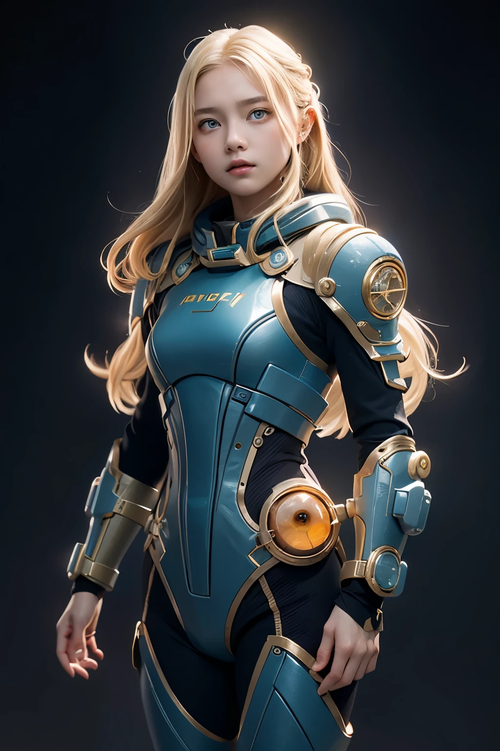 (12 years old女孩, 12 years old, A blonde, Reality, Pale skin), (yellow (Eye:1.2)), (fit:1.3), (Fantasy spaceuit), Pretty Face, Symmetrical face, Greg Rutkowski, wlop and Sam Kuvshinov, (long hair), Gold eyelashes, Big Iris, university student, whole body, Standing on the background of the spaceport, Art Station, 8K, Science fiction, Soft colors, tool, Control Panel, concept, Futuristic, Gribble, Simon Starenhager, space, In outer space, Spaceship in the sky, Technology Modules