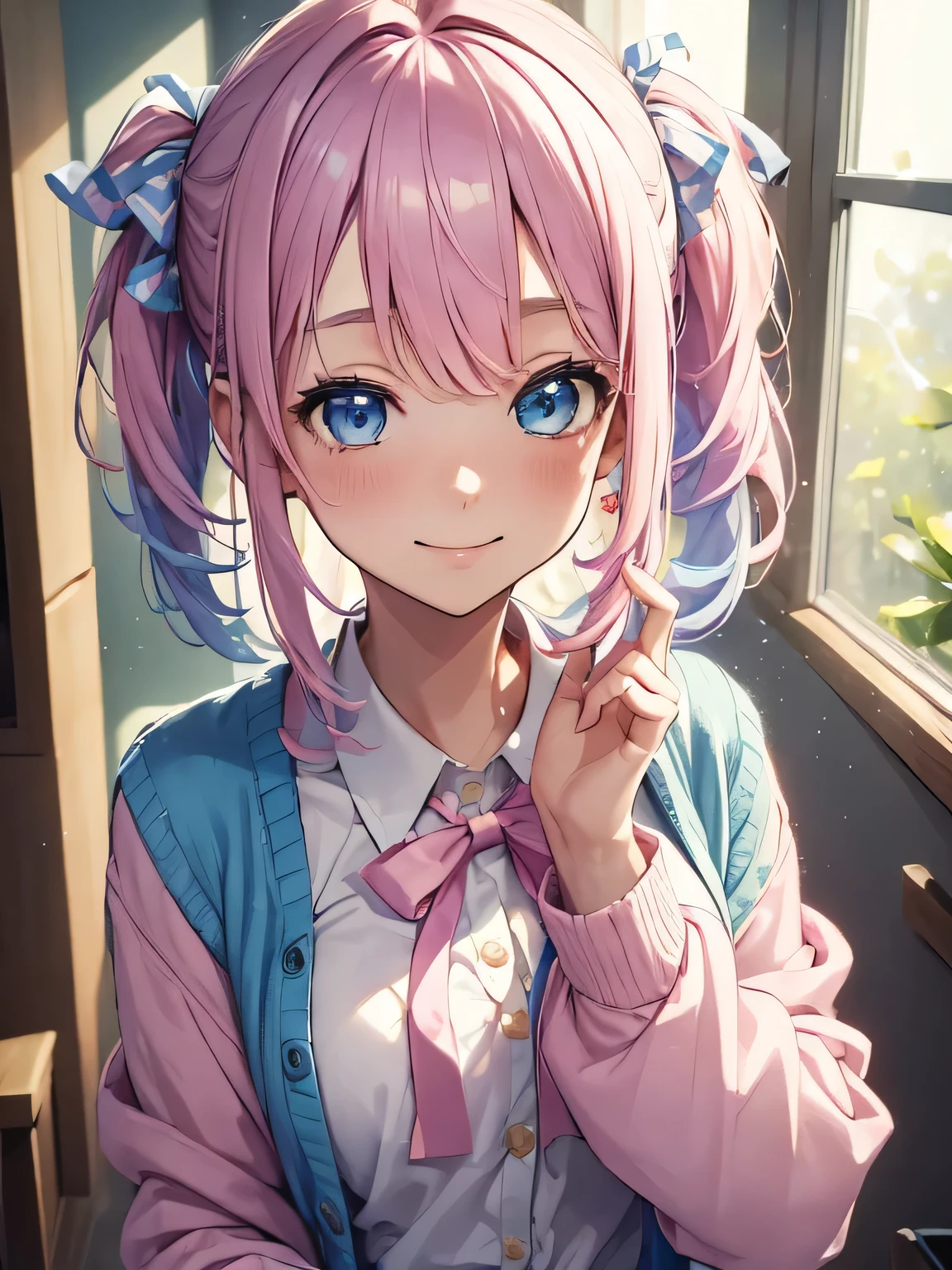 (masterpiece, best quality:1.4), 8k, Close Up, Light pastel pink Hair, Ribbon on hair, Medium Messy Side tail Hair, Young adult, anime girl, Happy, Smiling, Teasing, light blue Eyes, Pink Cardigan, white College Outfit, Medium Chest (detailed eyes and face, sharp pupils, realistic pupils:0.6)