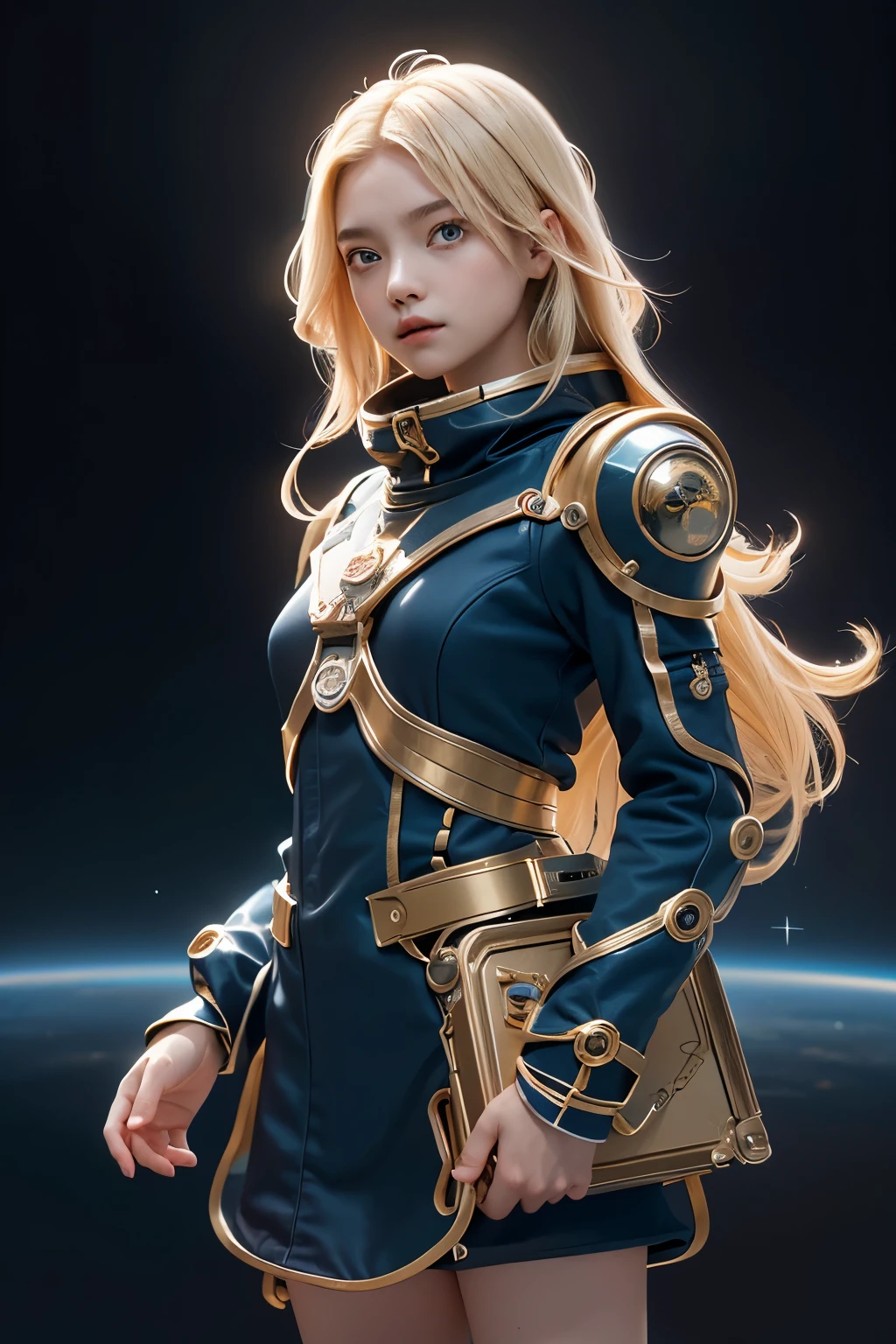 (女孩, 12 years oldReality, Pale skin), (yellow (Eye:1.2)), (fit:1.3), (Fantasy spaceuit), Pretty Face, Symmetrical face, Greg Rutkowski, wlop and Sam Kuvshinov, (long hair), Gold eyelashes, Big Iris, university student, whole body, Standing on the background of the spaceport, Art Station, 8K, Science fiction, Soft colors, tool, Control Panel, concept, Futuristic, Gribble, Simon Starenhager, space, In outer space, Spaceship in the sky, Technology Modules