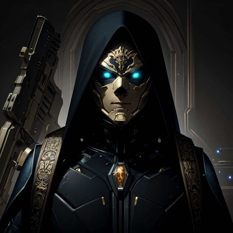 (masterpiece, best quality:1.3),extremely high detailed, intricate, 8k, HDR, wallpaper, cinematic lighting, (universe),gun,(shooting position), glowing, armor, glowing eyes, mecha, large wings,