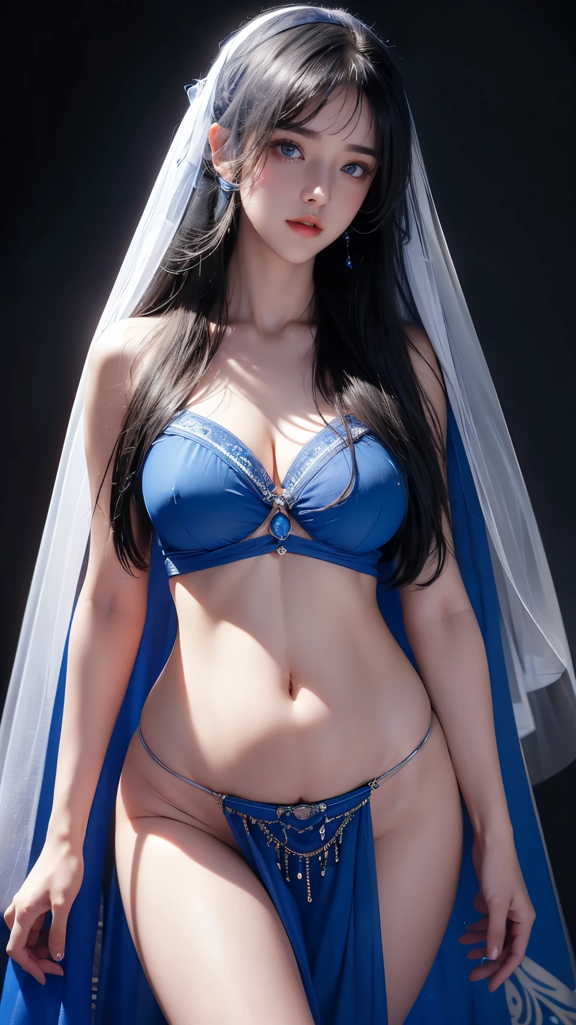 masterpiece, highest quality, Super detailed, Facing the camera, 複雑に詳細なSuper detailed, Realistic, Sharp features, Very detailed, Sharp focus, Perfect Face, Perfect symmetrical perfect eyes, Perfect Plump Lips, Flexible female form, Cinematic, Film Light, Super detailed, hyper Realistic, masterpiece, Atmospheric, High resolution, Vibrant, Dynamic Studio Lighting, ((Dark Background)), The expression when enduring pleasure, Straight bangs, blue eyes,Sexually aroused expression、(((She is completely naked and wearing a long veil))), (((Belly Piercing))),(((genitalpiercing)))