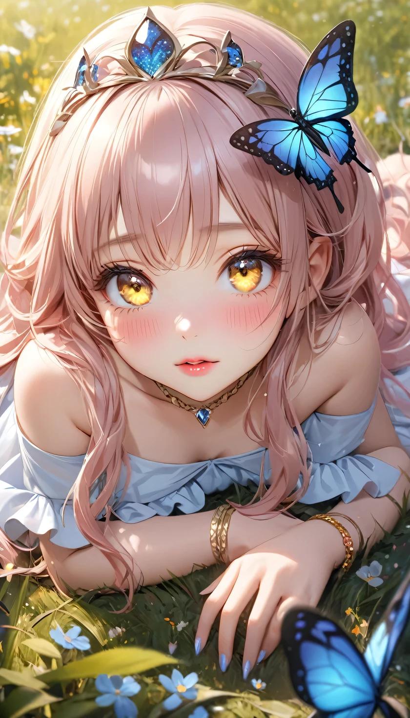 raw photo:1.2, masterpiece:1.2, highest quality, highres, 16k, beautiful detailed, ultra-realistic, photo realistic:1.5, beautiful cute butterfly spirit princess, lying forward in meadow lake, growing golden eyes, shining pupils, blushed cheek, shiny rosy lips, beautiful delicate(hair, face, eyes, pupils, dress, anklet, glass high heels), full-body view