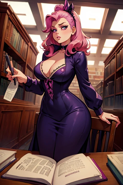A pink haired woman with violet eyes with an hourglass figure in a rockabilly dress is writing in a creepy library