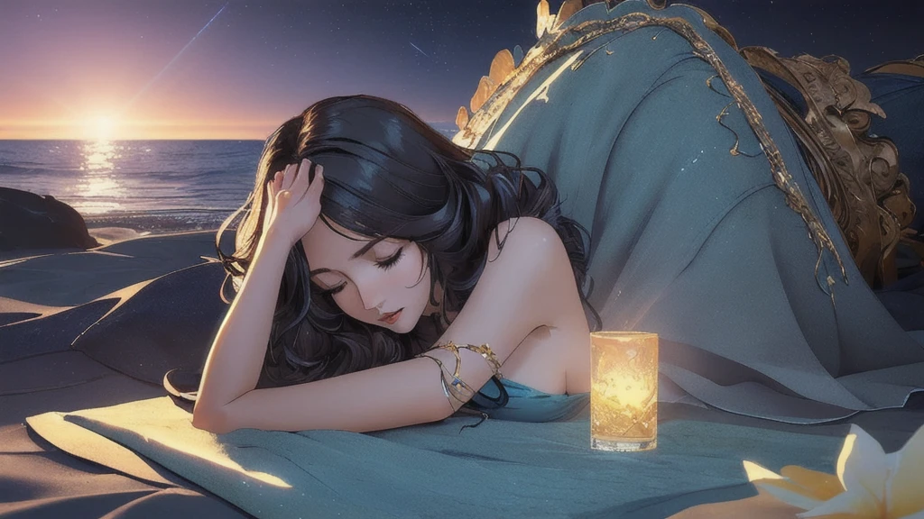 (perfect lighting:1.2),(dynamic photoshoot pose:1.2), (Layered Depth, Parallax Effect, Soft focus foreground,sharp 3d render:1.3),(high quality:1.4),(best quality:1.4),(masterpiece:1.4),official art,official wallpaper,surreal,(detailed landscape:1.1),(whimsical atmosphere:1.1),(powerful energy:1.1),vibrant colors,(detailed:1.05),(extremely detailed:1.06),sharp focus,(intricate:1.03),cinematic lighting,(extremely intricate:1.04),(adorned:1.09), (perfect seductive young woman Sleeping on a Beach:1.3) dreamlike beach under a starlit sky, the gentle sound of waves harmonizing with the whisper of the night breeze, creating a cocoon of tranquility.