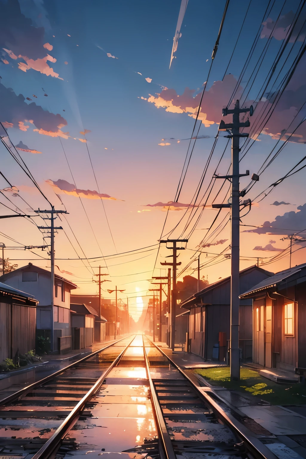 Railway tracks with railway electric poles, sunset with little clouds, lake on the right, makoto shinkai drawing based sky, pixiv , lofi based theme like drawing