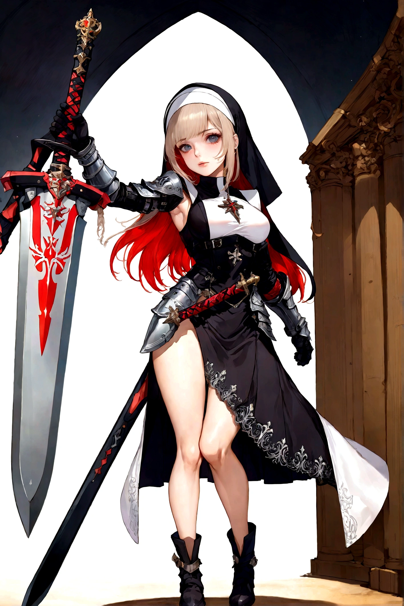 (Meisterwerk, top quality, Best quality, Offizielle Kunst, beautiful and aesthetic:1.2), (1 girl:1.3), ((sharp facial features, Scharfe Funktionen, Restriktive Merkmale)), ((Blaue Augen)), busty brunette paladin knight girl, extrem detailliert, portrait, Betrachter betrachten, Allein, (Full body:0.6), detailed Hintergrund, Full bodyaufnahme, (warmes Bergwiesenthema:1.1), heiliger Ritter, (nun), Scharlatan, Grinsen, geheimnisvoll, in den Bergen schwanken, armor, poliertes Metall, Goldbesatz, lange Stiefel, white colored fabric, Beckenvorhang, robe, helles Leder, ((((nun, greatsword, Corona, heilige Aura, heavy armor, armored, Lange Beine, Beckenvorhang, tinted, muscular)))), Schlanke Taille, slim hips, Lange Beine, mittelalterlich (Mountain outside:1.1) Hintergrund, dark geheimnisvoll lighting, Schatten, magical atmosphere, dutch angle