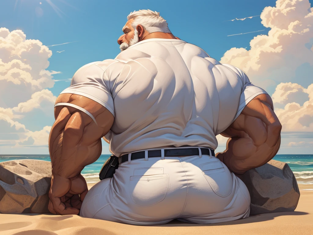 beach, back view, extremely huge muscular, massive muscular, full-body, well-muscled old man in a white shirt and showing back muscle. ((extremely muscle size, super thick arms, huge back, extremely wide back and shoulder , huge arms)). and add details to make it attractive and interesting. Add textures and details to make the image more realistic, such as the appearance of the shirt texture and the appearance of the skin. Make sure the resulting image is high resolution, 8K quality."