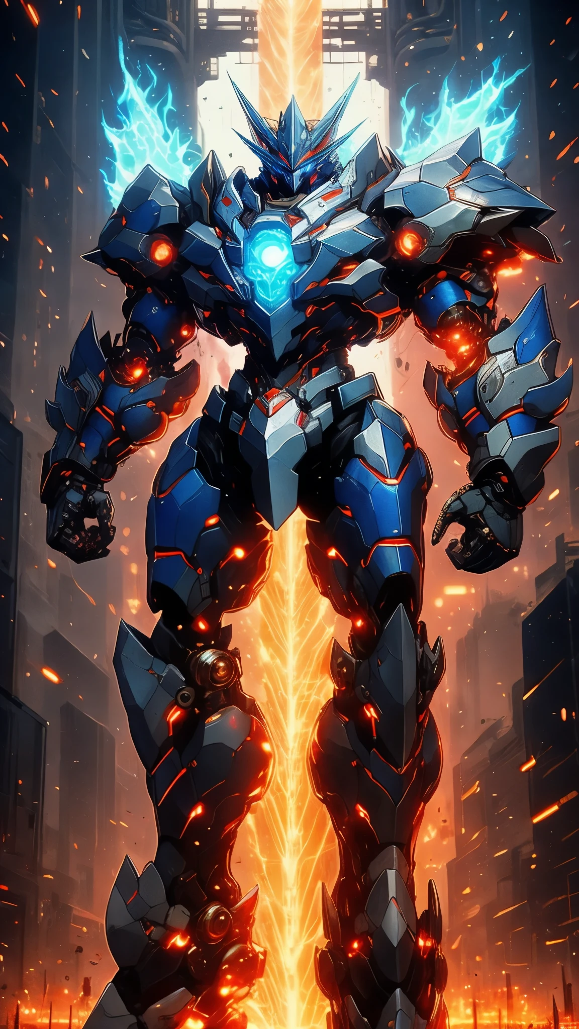 Humanoid Mecha, fully enclosed shoulder guards, matching arm and leg guards, full body, full armor, super robot, the design balances heavy with agility, (the color scheme is primarily white with red and blue accents, the concept Inspired by super robot, Lion concept chest armor, pose, standing, floating high above the futuristic sci-fi city), exquisite and mature art style, (aura effect, energy, glowing eyes, the armor glows), ((SRS)), metallic, dramatic, high definition, best quality, highres, ultra-detailed, ultra-fine painting, extremely delicate, professional, perfect body proportions, anatomically correct, symmetrical face, extremely detailed eyes and face, high quality eyes, creativity, RAW photo, UHD, 32k, Natural light, cinematic lighting, masterpiece-anatomy-perfect, masterpiece:1.5