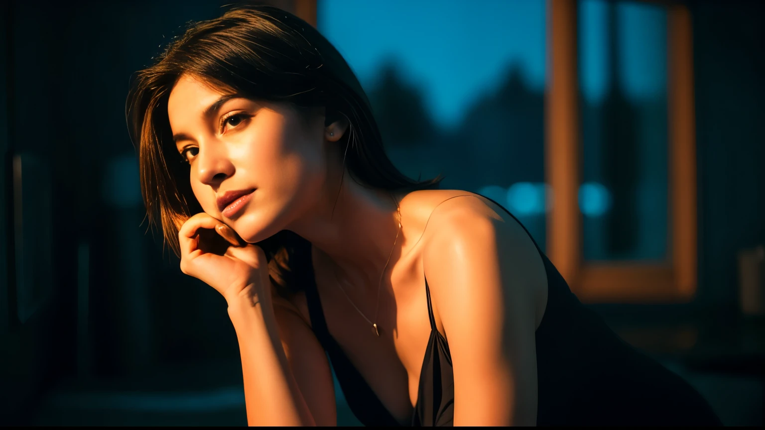 masterpiece, best quality, super high resolution, photography, realistic, super realistic, 50mm camera, photorealistic, cinematic lighting, A young adult woman wearing a black dress and looking kindly against the night sky, cowboy shot, portrait, hill, milkyway