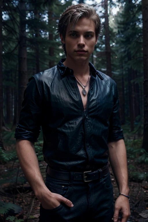 Toby Hemingway,Reid Garwin, Wolf, 18 years old, short messy blonde hair, blue eyes, blue shirt with black collar, leather belt, dark blue black jean pants, silver moon pendant, black jeans, misty forest background around in black.