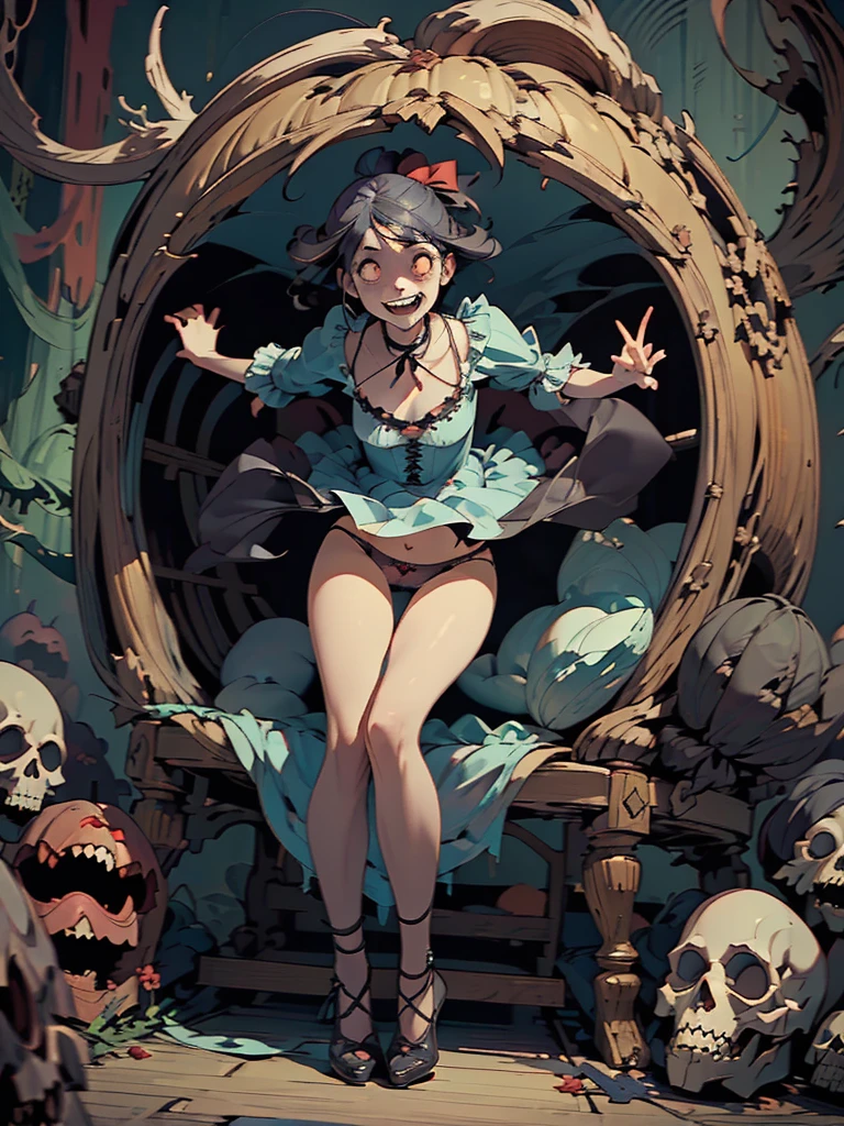 Gruesome and spooky details、An atmosphere full of suspense and tension、Psychological horror、Cute Smile、Mysterious and unsettling atmosphere、A terrifying moment、Nightmare scenario、Alice in Wonderland、Showing off her panties、Big shoes、Enthusiastic atmosphere、Mischievous Smile、Expressive gestures、Comical movement、