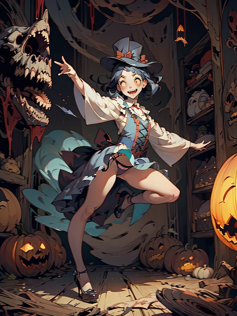 Gruesome and spooky details、An atmosphere full of suspense and tension、Psychological horror、Cute Smile、Mysterious and unsettling atmosphere、A terrifying moment、Nightmare scenario、Alice in Wonderland、Showing off her panties、Big shoes、Enthusiastic atmosphere、Mischievous Smile、Expressive gestures、Comical movement、