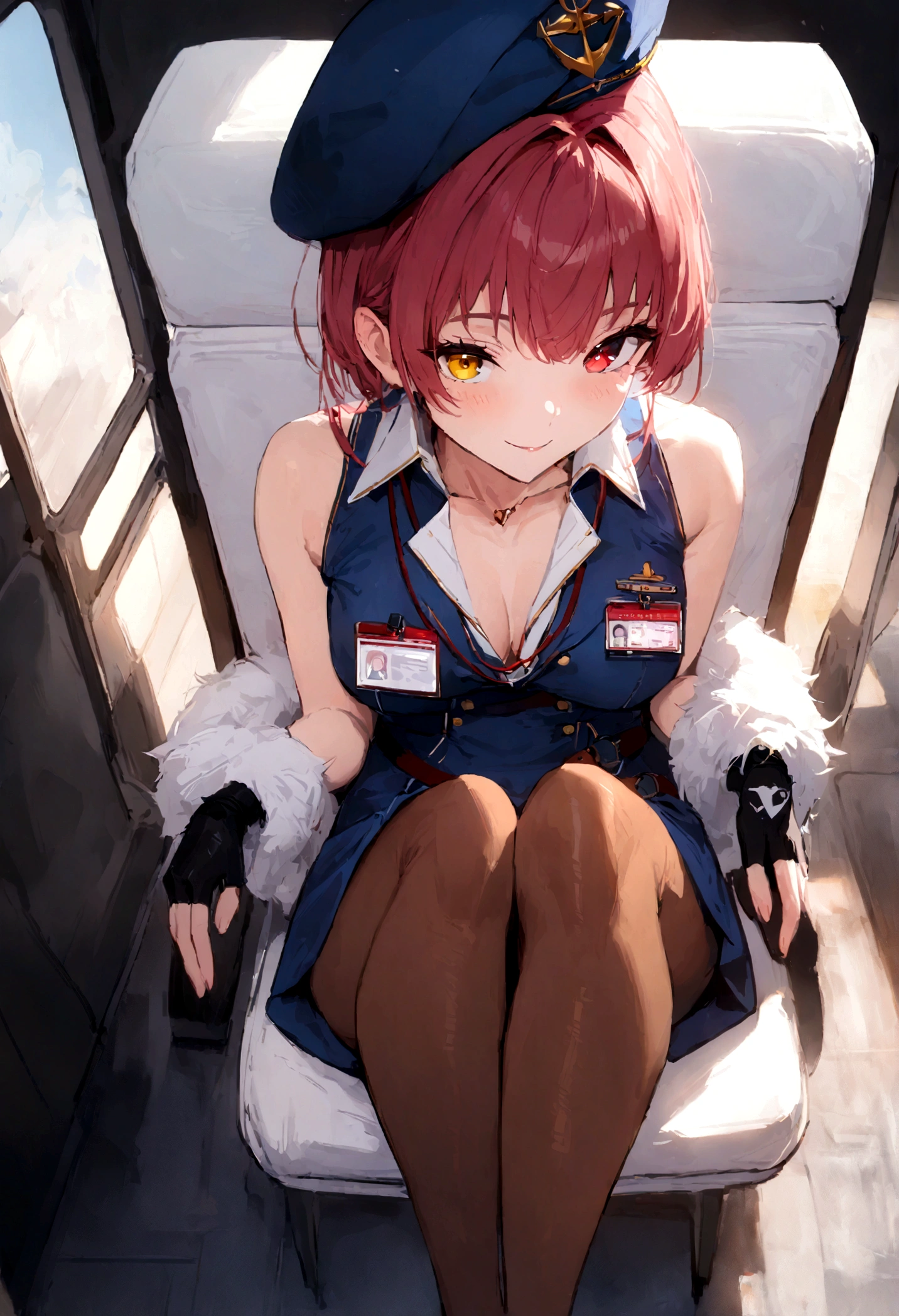 2d, masterpiece, best quality, anime, highly detailed, full body, 1girl, solo, marine_beret, collared shirt, sleeveless, high-waist skirt, pantyhose, blue jacket, fur trim, fingerless gloves, id card, heterochromia, red eyes, yellow eyes, BREAK airplane interior, sitting, seductive smile, partially unbuttoned 