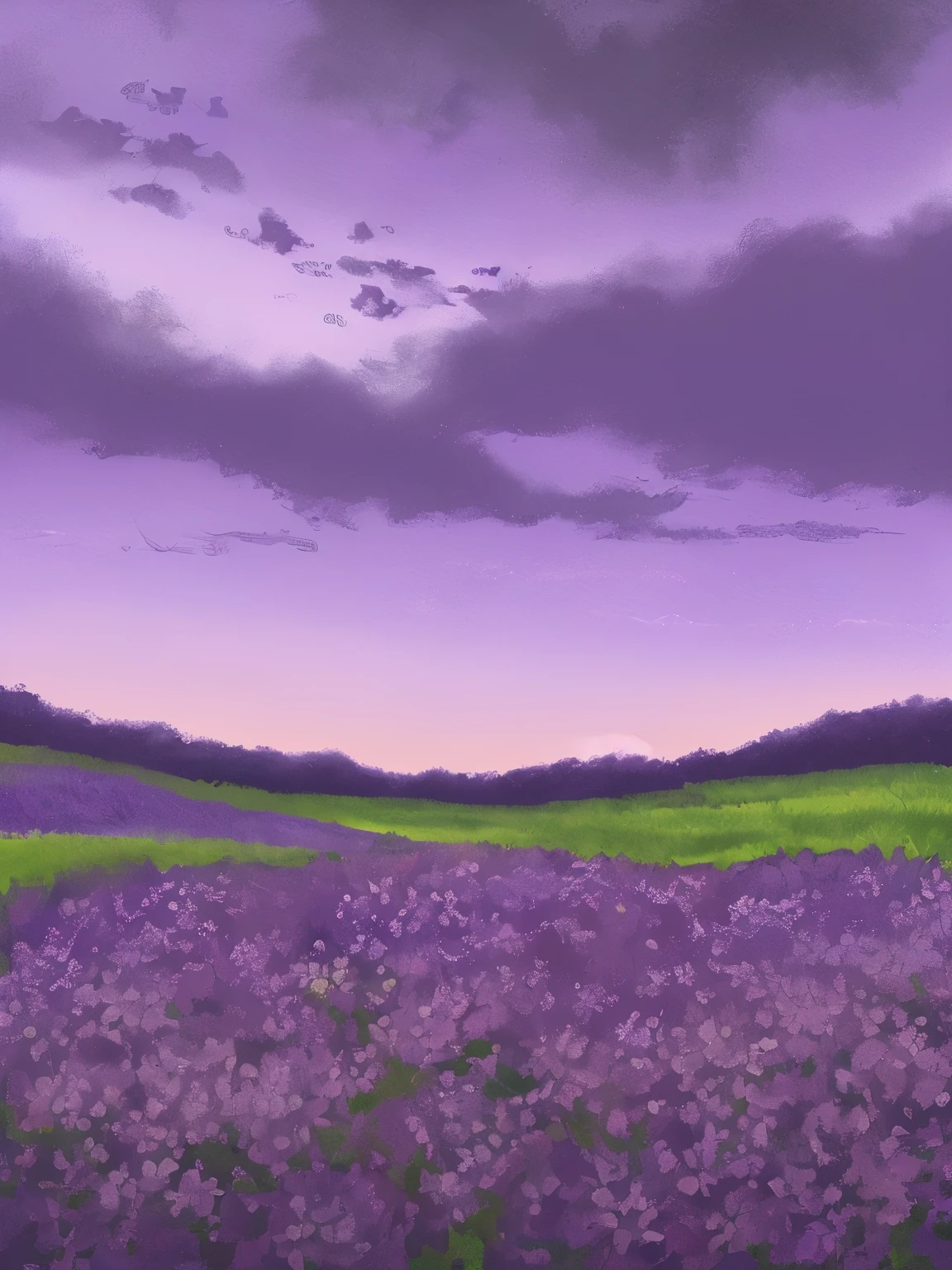 purple flowers in the foreground with a purple sky in the background, a digital painting inspired by McKendree Long, trending on deviantart, conceptual art, background art, violet sky, random background scene, purple sunset, purple hues, soft purple glow, twilight ; digital painting, background artwork, purple sky, soft lilac skies, at purple sunset, soft digital painting, floral sunset