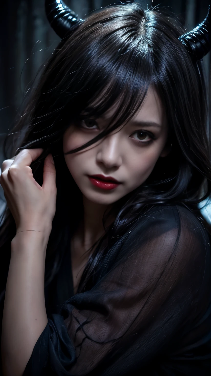 (highest quality,4K,8k,High resolution,masterpiece:1.2),Super detailed,(Realistic,photoRealistic,photo-Realistic:1.37), Close-up of a woman with dark hair and a black dress, Ugly Satan Girl,Dark Eyes,sinister smile,Evil Aura,Burning Flames,Soul Corruption,Dark Shadows,Ominous atmosphere,Strange symbols,Cursed Land,Eternal Darkness,An unforgettable presence,Intimidating person,Grotesque features,Horror Scene,Nightmare born kimono,Twisted reality,Scary atmosphere,Awesome work of art,Evil Unleashed,Devil's Realm,Supernatural horror,Creepy art,Nightmare fuel,Terrifyingly clear,Abstract fear,Terrifyingly beautiful,A devilish masterpiece,Fear incarnate,Shadow Chaos,A devilish existence,born々Shii Darkness,in style of Dark Fantasy Art, Dark fantasy art, A beautiful and elegant demon queen, Dark Fantasy Art, fantasy dark art, Dark fantasy digital art, Gothic fantasy art, Gothic Dark Maiden, Cthulhu,Detailed Texture,Spooky creatures,An ominous atmosphere,Mythical,cosmic Horror,darkness,Mysterious,Dark aesthetic,Fog Background,Eyes of another world,Ancient Gods, Powerful wizard, Stand in the mysterious forest. Flowing robes decorated with symbols, Arms stretched out, Powerful,Tentacles,Pitch black blackness,Majestic,Unfathomable depth,Nightmare,The existence of the universe,an ominous existence,seeping darknesss,Secrets of the Universe,That's horrible,It (Spooky atmosphere), (Cartoon-like atmosphere),(Grainy), (Dramatic Shadows), (Dynamic pose), (An ominous atmosphere), (Artistically expressed), ((Fascinating), (Gothic), (Mysterious Setting), (Moody color palette), (Skillfully drawn), (Feelings of anxiety), (Intricate details), (an ominous smile), (an ominous), (Fascinating eyes), (Horror elements), (Fascinating composition), (Impressive anatomy),(Striking contrast)), (Exquisite craftsmanship), (Interesting character designs)、Dark Fantasy Portrait, Portrait of the Dark Goddess, Ugly Satan Girl,devil,