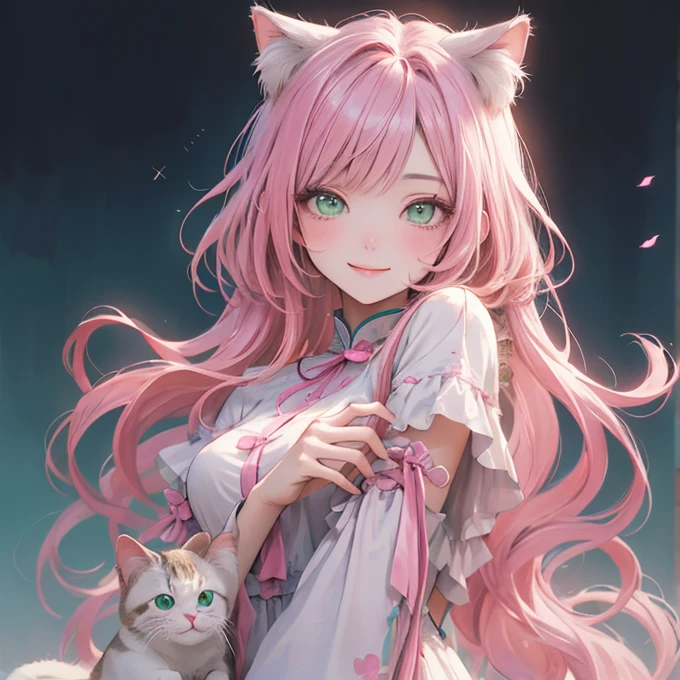 (masterpiece), highest quality, Ultra-high resolution,Cat with pink ribbon、Pink Hair、Green Eyes、White clothes、Apply nail polish、smile、lame、Background sea、Easygoing、kind、beautiful