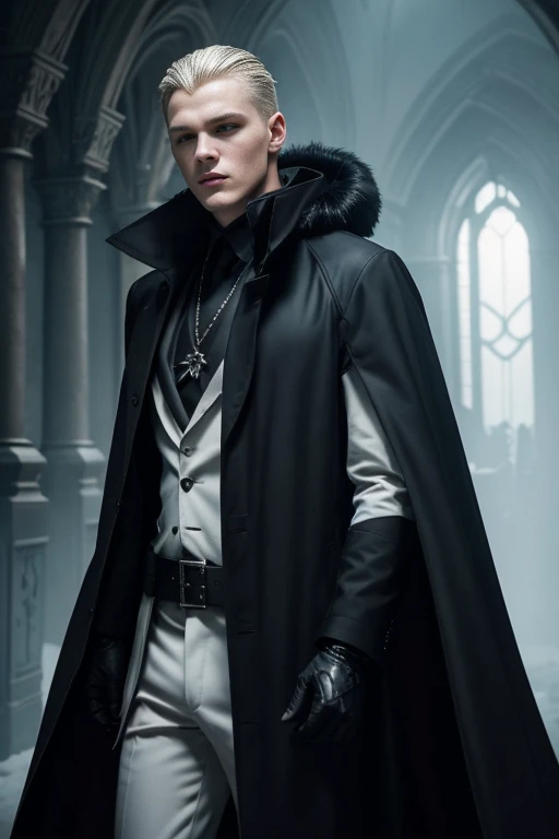 (Daniel Giles:1.1),short hairhandsome man,white winter coat,vampire,piercing gaze,style,alluring figure,enchanted atmosphere,dense fog,subtle smirk,lingering desire,vampiric elegance,mysterious charm,expression of eternal power,enticing silhouette,thirst for blood,tempting allure,driven by instincts,undead existence,desire for immortality,unearthly grace,pervasive secrecy,intoxicating predator,noble fangs,powerful aura,intense magnetism,swirling cape,hauntingly beautiful visage,whispers in the wind.