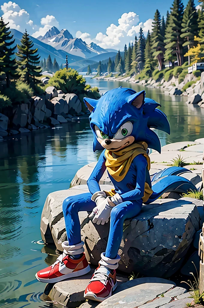 sonic, chibi, boy,furry, blue skin, green eyes, tail, white gloves, red shoes, looking at viewer, serious,
sitting, on a rock, outside, river, mountain, trees, roaring water, blue sky, extreme detail, masterpiece, 