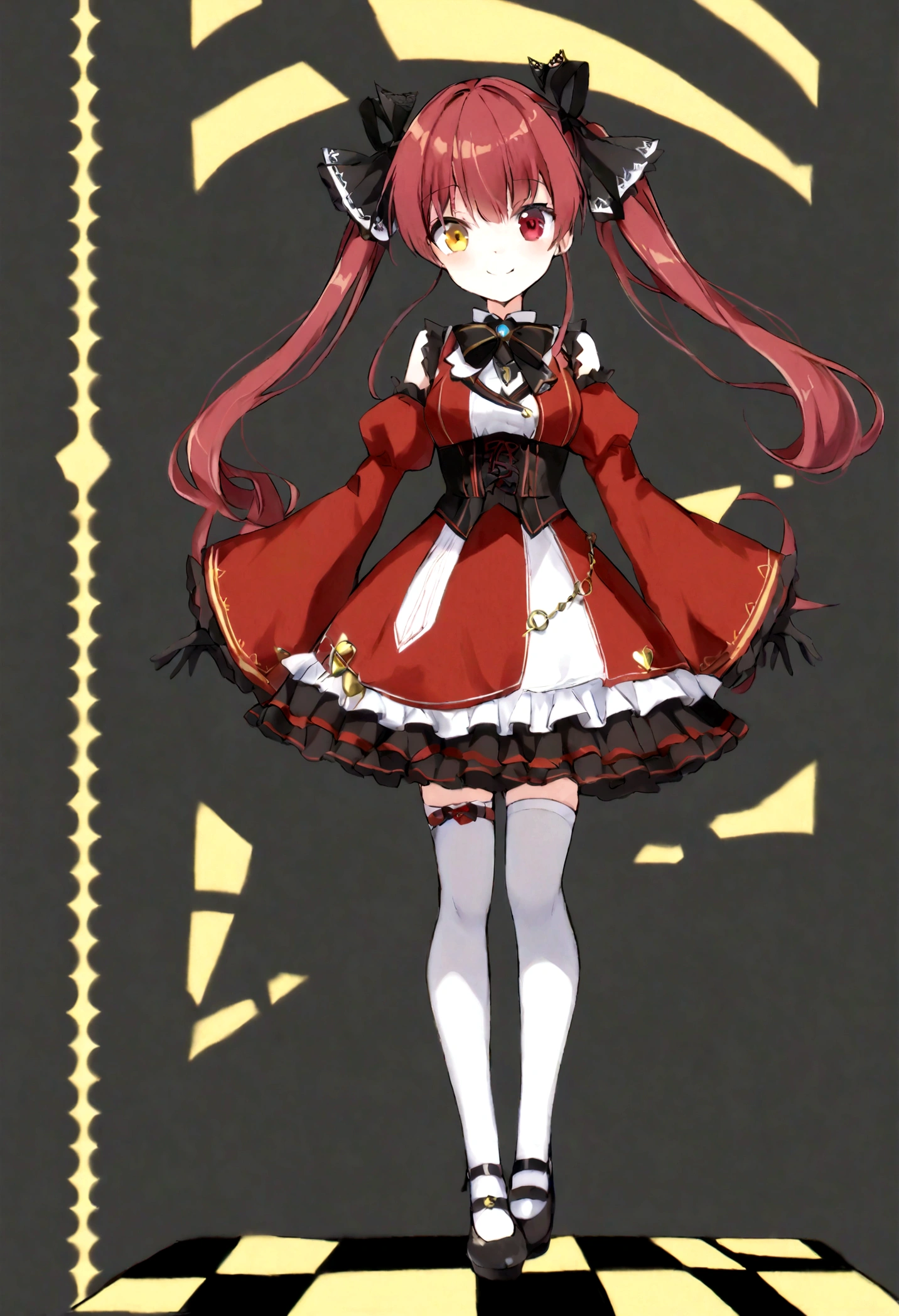 score_9, score_6_up, source_anime, 1girl, solo, full body, marine_gothic, twintails, long hair, red dress, frills, detached sleeves, black gloves, corset, black ribbon, black bowtie, white thighhighs, heterochromia, smile 