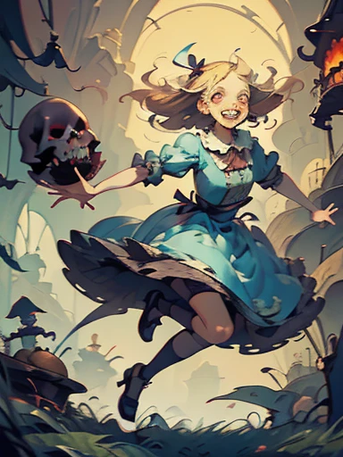 Gruesome and spooky details、An atmosphere full of suspense and tension、Psychological horror、Cute Smile、Mysterious and unsettling atmosphere、A terrifying moment、Nightmare scenario、Alice in Wonderland、Blonde、Big shoes、Enthusiastic atmosphere、Mischievous Smile、Expressive gestures、Comical movement、Psychedelic world