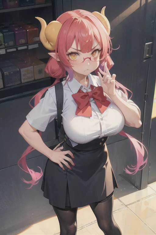 (masterpiece, best quality), ilulu \(maidragon\), 1girl, solo, from above, cowboy shot, standing, hand on hips, hand up, (adjusting eyewear), blush, closed mouth, annoyed, pout, v-shaped eyebrows, looking at viewer,
huge breasts, bursting breasts, shortstack, yellow horns, low twintails, twintails, colored tips, orange eyes, slit pupils,
office lady, collared shirt, white shirt, skirt suit, black legwear, pantyhose,
office, indoors,
(colorful:0.7), (perfect details), ultra detailed, (volumetric lighting), (detailed face), perfect composition, HD,