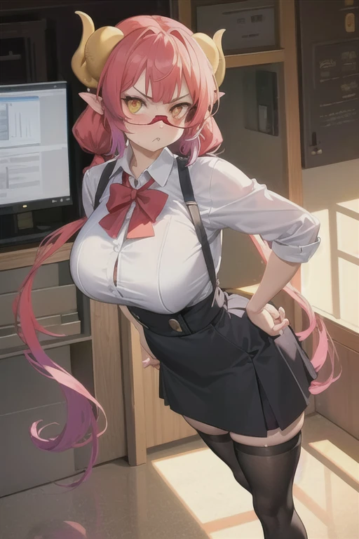 (masterpiece, best quality), ilulu \(maidragon\), 1girl, solo, from above, cowboy shot, standing, hand on hips, hand up, (adjusting eyewear), blush, closed mouth, annoyed, pout, v-shaped eyebrows, looking at viewer,
huge breasts, bursting breasts, shortstack, yellow horns, low twintails, twintails, colored tips, orange eyes, slit pupils,
office lady, collared shirt, white shirt, skirt suit, black legwear, pantyhose,
office, indoors,
(colorful:0.7), (perfect details), ultra detailed, (volumetric lighting), (detailed face), perfect composition, HD,