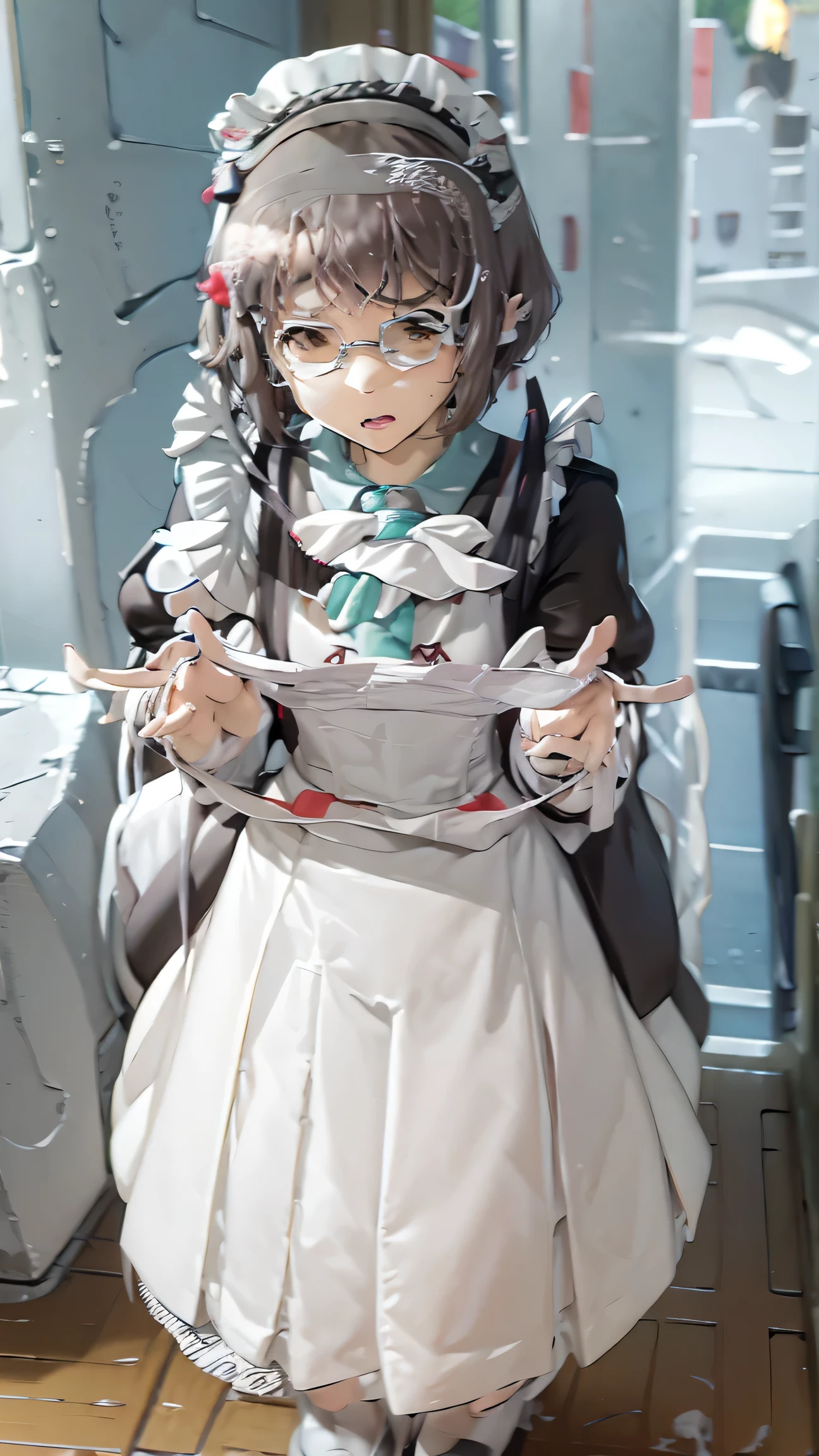 Angry face、White dressing showing panties,Pleated skirt、((Maid clothes:1.8)),Glasses、(To pee:1.5)