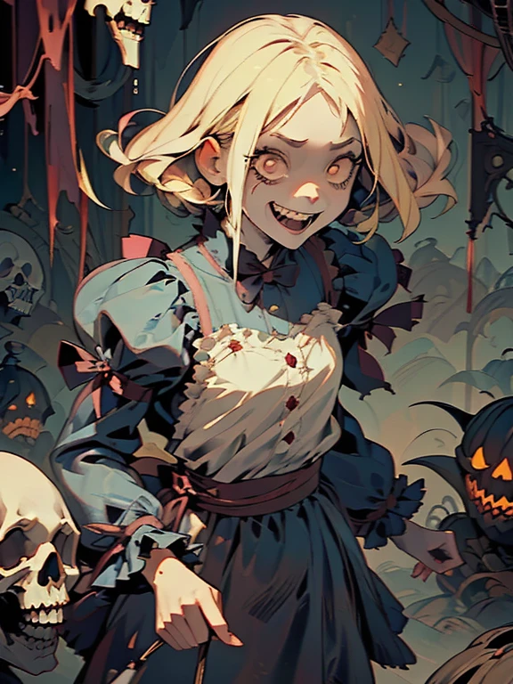 Gruesome and spooky details、An atmosphere full of suspense and tension、Psychological horror、Cute Smile、Mysterious and unsettling atmosphere、A terrifying moment、Nightmare scenario、Alice in Wonderland、Enthusiastic atmosphere、Mischievous Smile、Expressive gestures、Comical movement、Blonde、Light blue outfit
