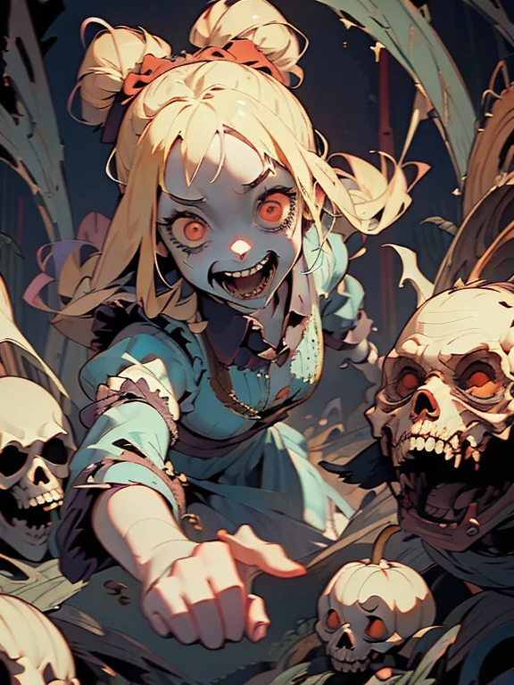 Gruesome and spooky details、An atmosphere full of suspense and tension、Psychological horror、Cute Smile、Mysterious and unsettling atmosphere、A terrifying moment、Nightmare scenario、Alice in Wonderland、Enthusiastic atmosphere、Mischievous Smile、Expressive gestures、Comical movement、Blonde、Light blue outfit
