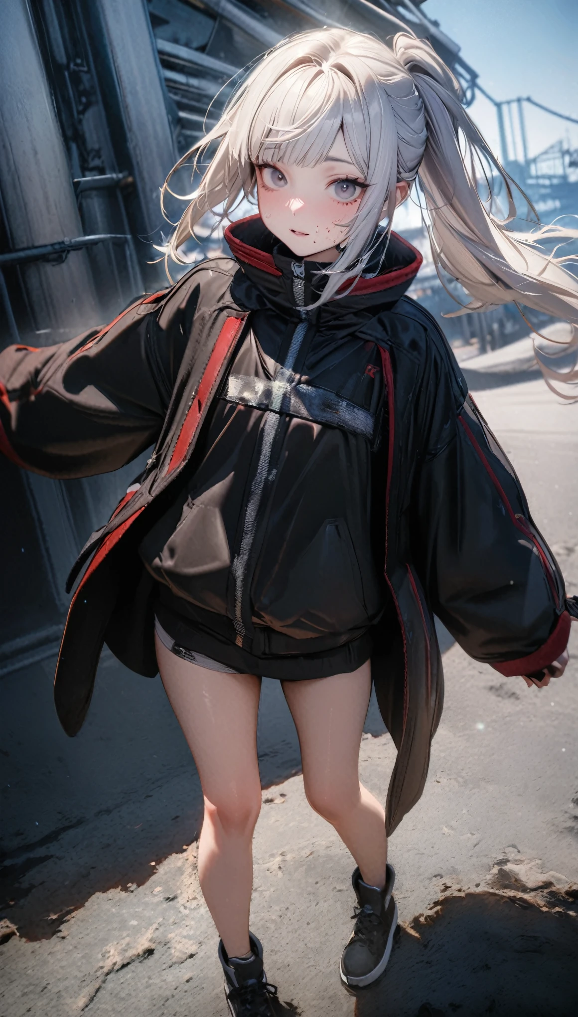 (8k, best quality, masterpiece:1.2),\(Eye details\),\(Facial features details\),(\(Clothes details details\)\),(1 girl:1.3),solo,full body,silicon dioxide,17 years old,195cm height,white hair,hair detail,single ponytail,(Silver color hair fluttering in the wind),middles bangs,[Red left eye｜Black right eye]detail pupil.Slim and lean figure,flat chest,[Blood-stained bandages｜White bandage]Wrap around the chest cloth,(Black sportswear with red trim:1.3),(Black coat with high collar:1.25),Long legs,thin thigh,