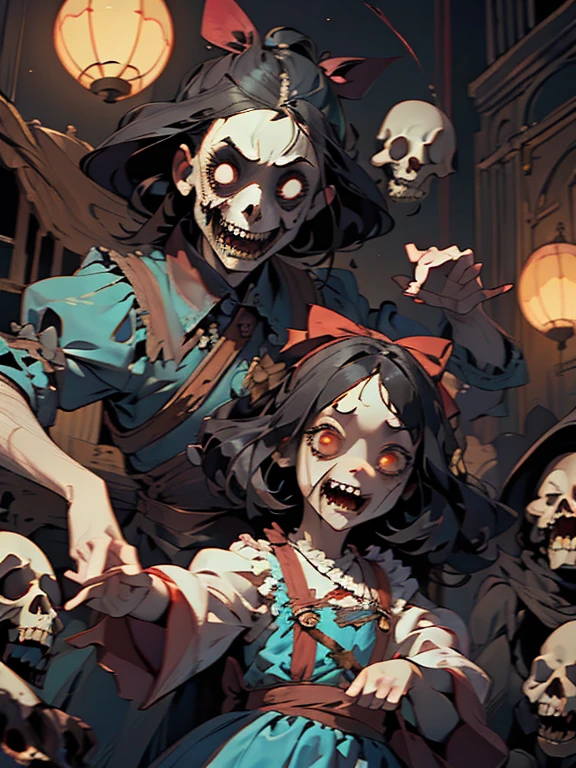 Gruesome and spooky details、An atmosphere full of suspense and tension、Psychological horror、Cute Smile、Mysterious and unsettling atmosphere、A terrifying moment、Nightmare scenario、Alice in Wonderland、Enthusiastic atmosphere、Mischievous Smile、Expressive gestures、Comical movement、Long straight black hair、Light blue outfit