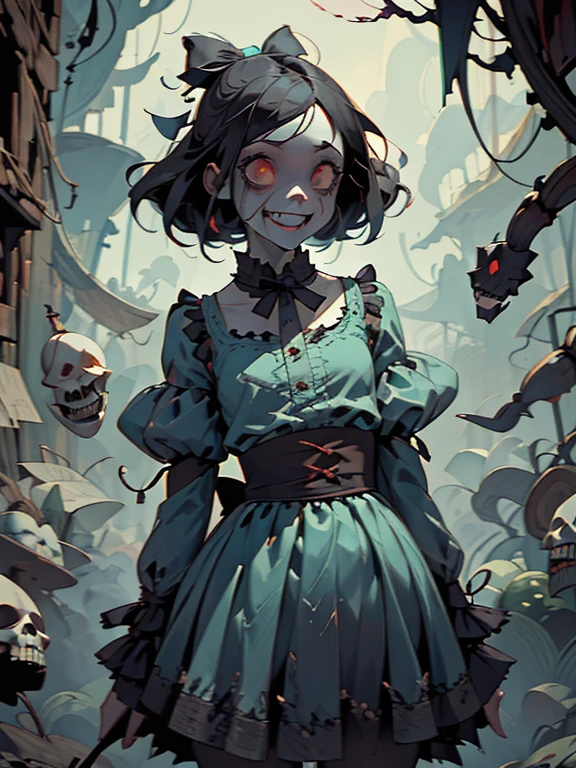 Gruesome and spooky details、An atmosphere full of suspense and tension、Psychological horror、Cute Smile、Mysterious and unsettling atmosphere、A terrifying moment、Nightmare scenario、Alice in Wonderland、Enthusiastic atmosphere、Mischievous Smile、Expressive gestures、Comical movement、Long straight black hair、Light blue outfit
